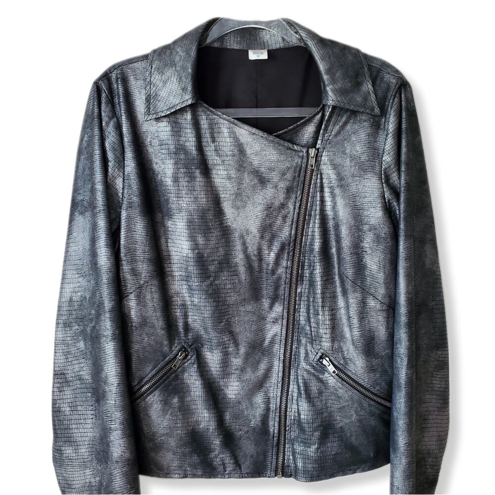 Women Metallic Gray Vegan Moto Jacket L 12 Whimsy Grunge Rocker Modern Indie - Picture 2 of 15